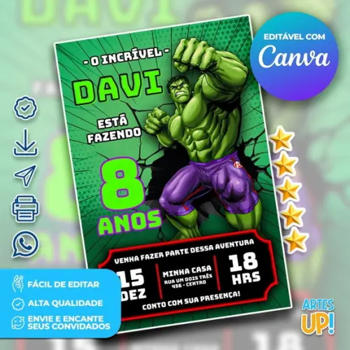 Convite de Aniversário o Incrível Hulk