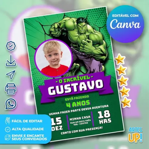 Convite de Aniversário o Incrível Hulk com Foto