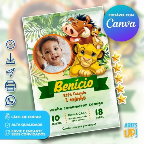 Convite de Aniversário o Rei Leão com Foto
