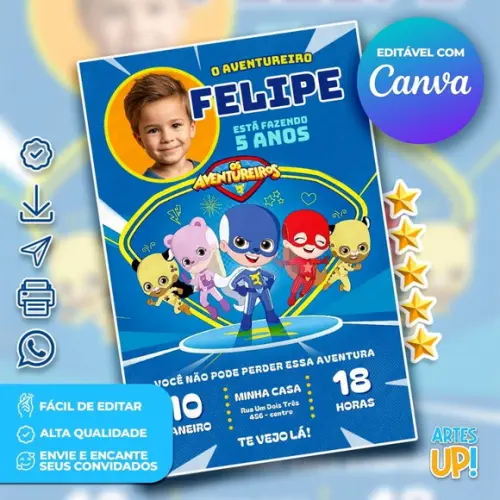 Convite de Aniversário os Aventureiros com Foto