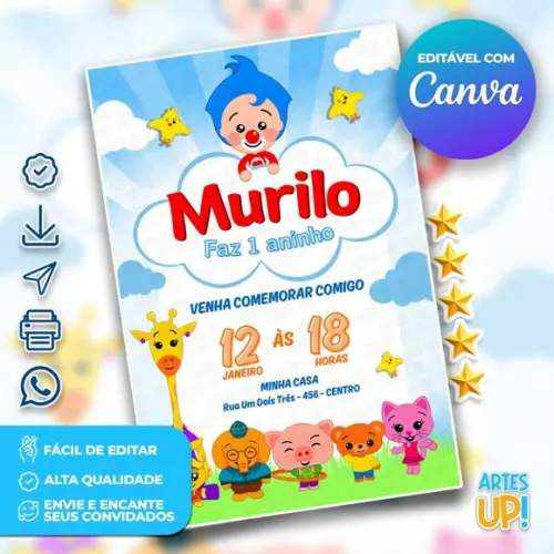 Convite de Aniversário Palhaço Plim Plim