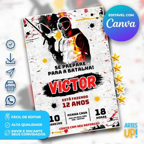 Convite de Aniversário Paintball