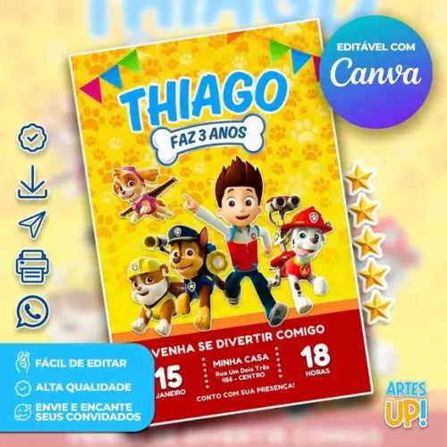 Convite de Aniversário Patrulha Canina