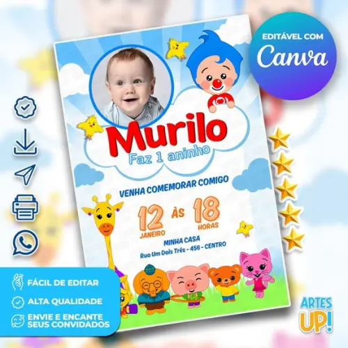 Convite de Aniversário Palhaço Plim Plim com Foto