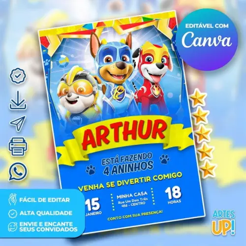 Convite de Aniversário Patrulha Canina