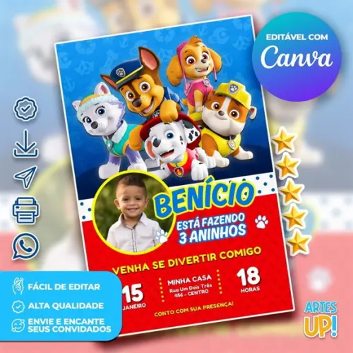 Convite de Aniversário Patrulha Canina com Foto
