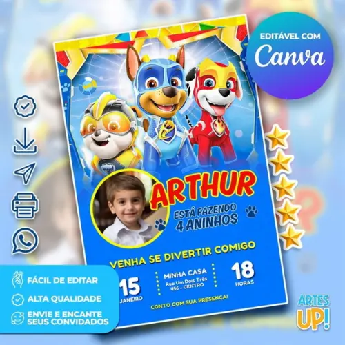 Convite de Aniversário Patrulha Canina com Foto