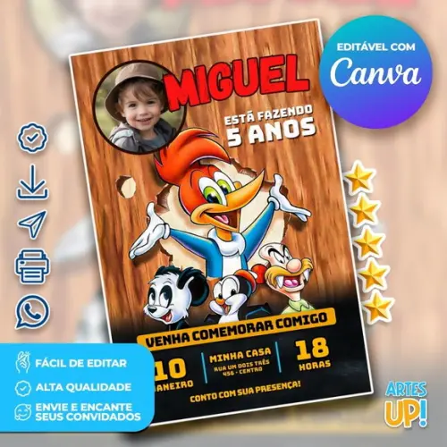 Convite de Aniversário Pica Pau com Foto