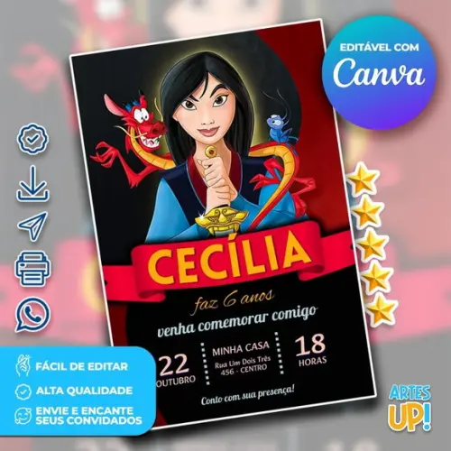 Convite de Aniversário Princesa Mulan