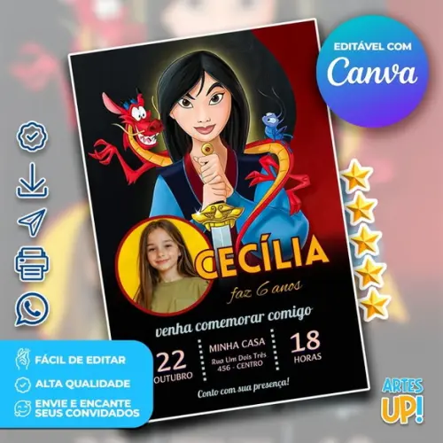 Convite de Aniversário Princesa Mulan com Foto