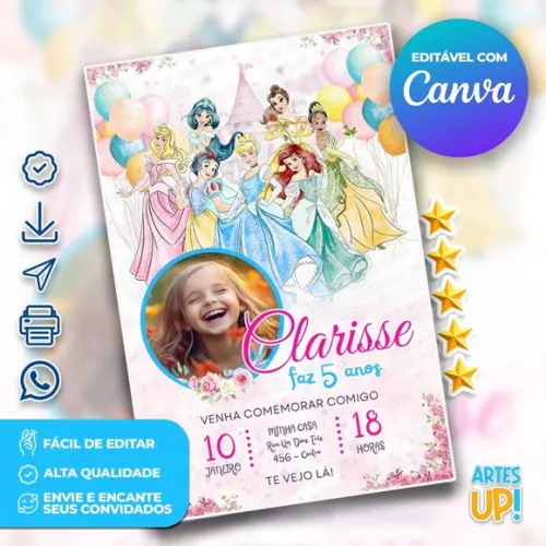 Convite de Aniversário Princesas Disney Aquarela com Foto