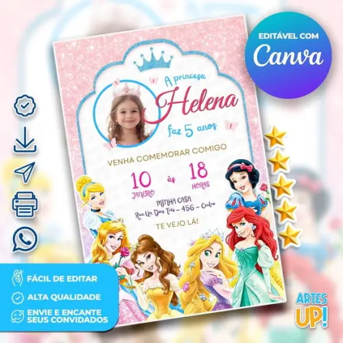 Convite de Aniversário Princesas Disney com Foto