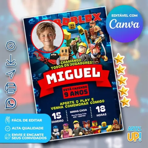 Convite de Aniversário Roblox com Foto