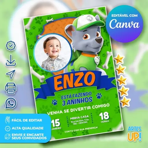 Convite de Aniversário Rocky Patrulha Canina com Foto