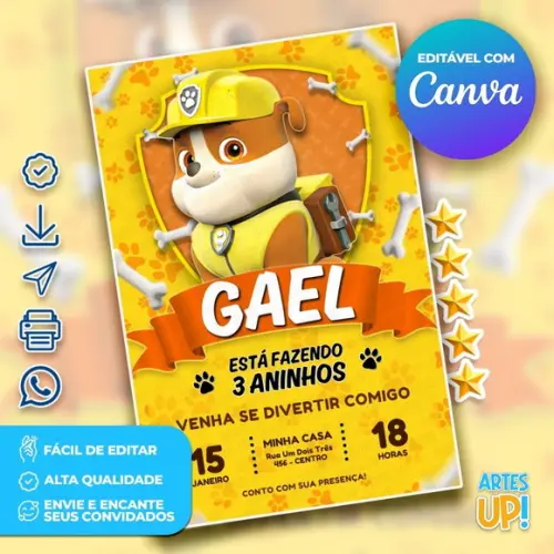 Convite de Aniversário Rubble Patrulha Canina
