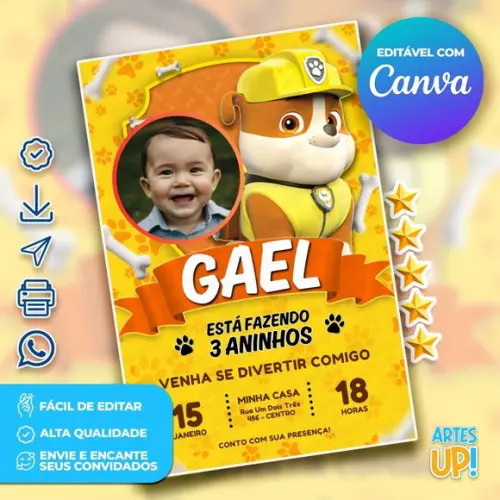 Convite de Aniversário Rubble Patrulha Canina com Foto