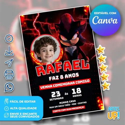 Convite de Aniversário Shadow Sonic com Foto