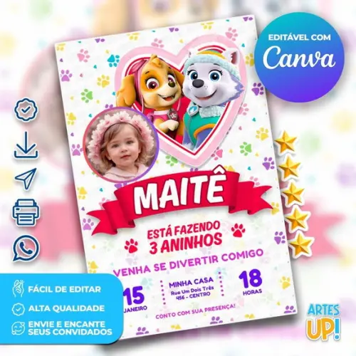 Convite de Aniversário Skye e Everest com Foto