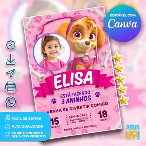 Convite de Aniversário Skye Patrulha Canina com Foto