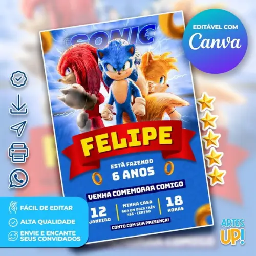 Convite de Aniversário Sonic
