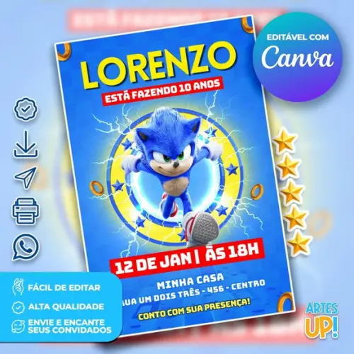 Convite de Aniversário Sonic