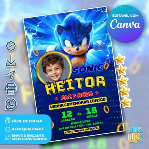 Convite de Aniversário Sonic com Foto