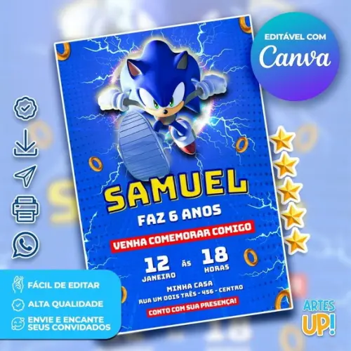 Convite de Aniversário Sonic