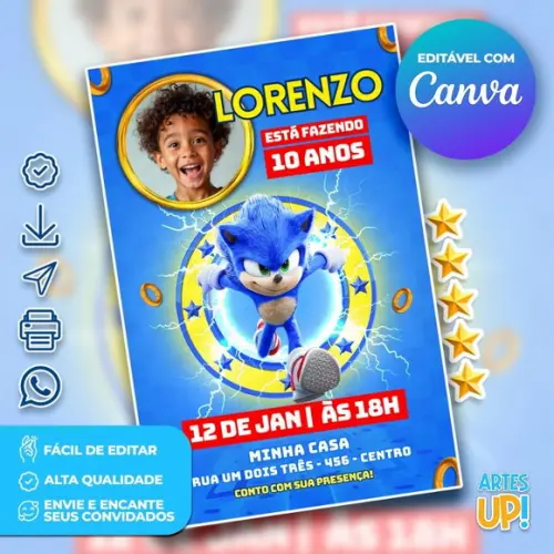 Convite de Aniversário Sonic com Foto