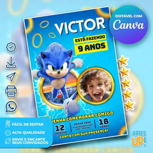 Convite de Aniversário Sonic com Foto