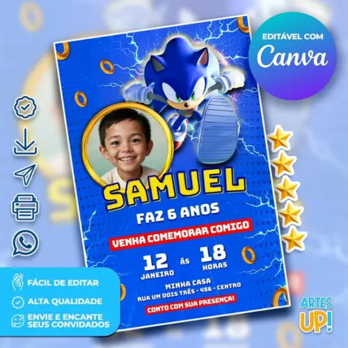 Convite de Aniversário Sonic com Foto