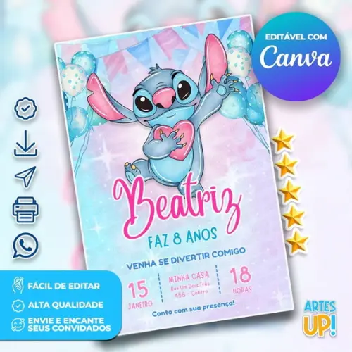 Convite de Aniversário Stitch Aquarela