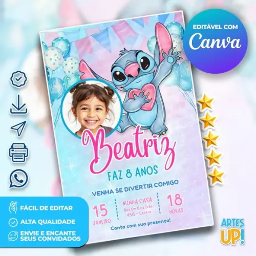 Convite de Aniversário Stitch Aquarela com Foto