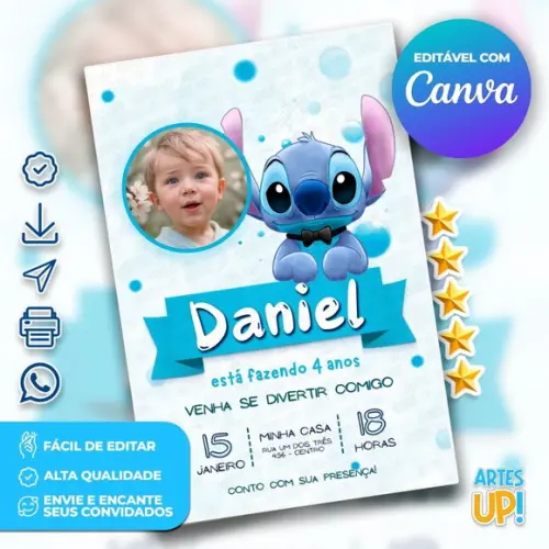 Convite de Aniversário Stitch com Foto