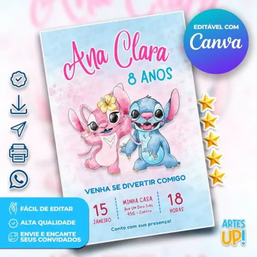 Convite de Aniversário Stitch e Angel Aquarela