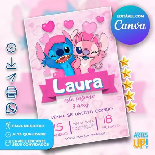 Convite de Aniversário Stitch e Angel