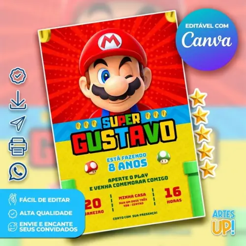 Convite de Aniversário Super Mario