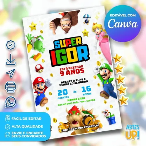 Convite de Aniversário Super Mario