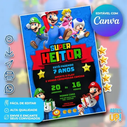 Convite de Aniversário Super Mario