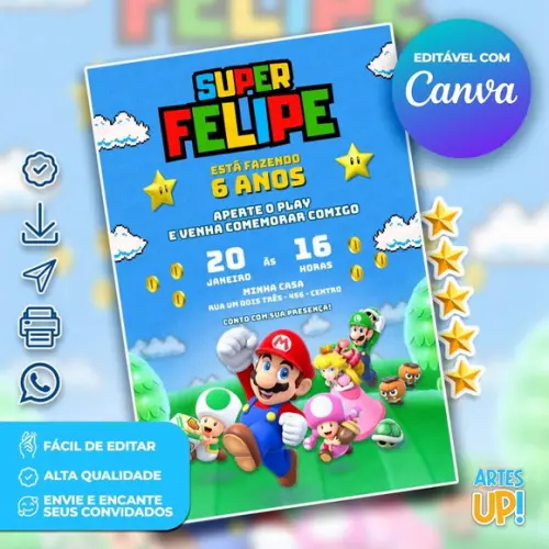 Convite de Aniversário Super Mario