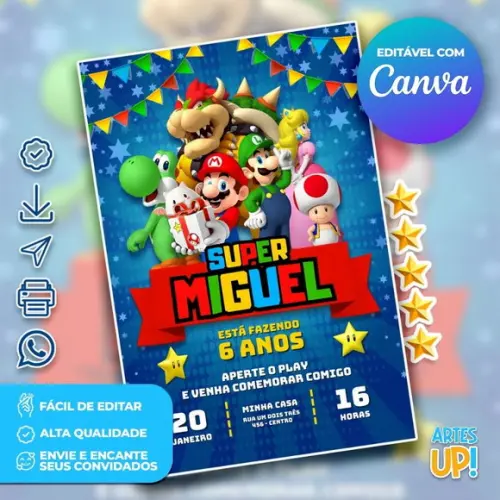 Convite de Aniversário Super Mario