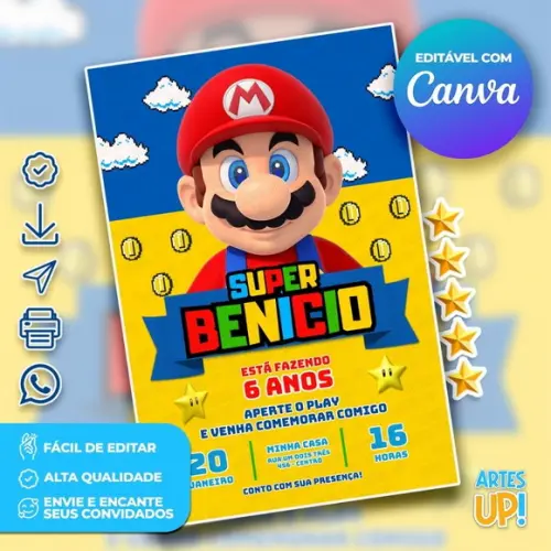 Convite de Aniversário Super Mario