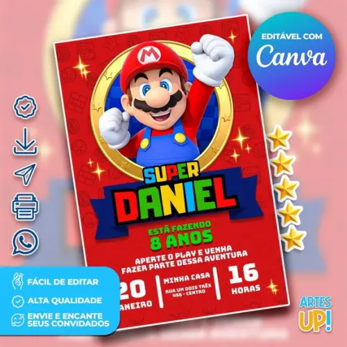 Convite de Aniversário Super Mario