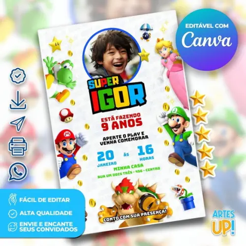 Convite de Aniversário Super Mario com Foto