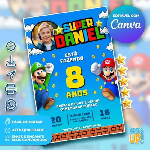 Convite de Aniversário Super Mario com Foto