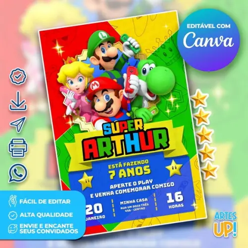 Convite de Aniversário Super Mario