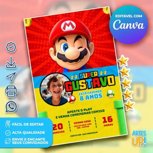Convite de Aniversário Super Mario com Foto