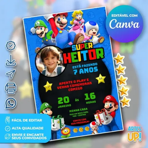 Convite de Aniversário Super Mario com Foto