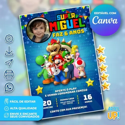 Convite de Aniversário Super Mario com Foto