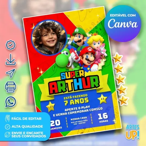 Convite de Aniversário Super Mario com Foto