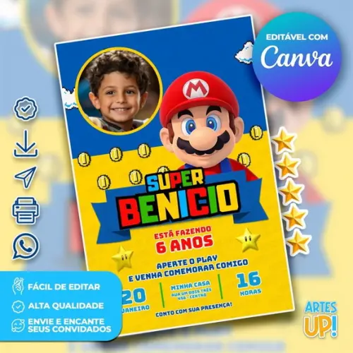 Convite de Aniversário Super Mario com Foto